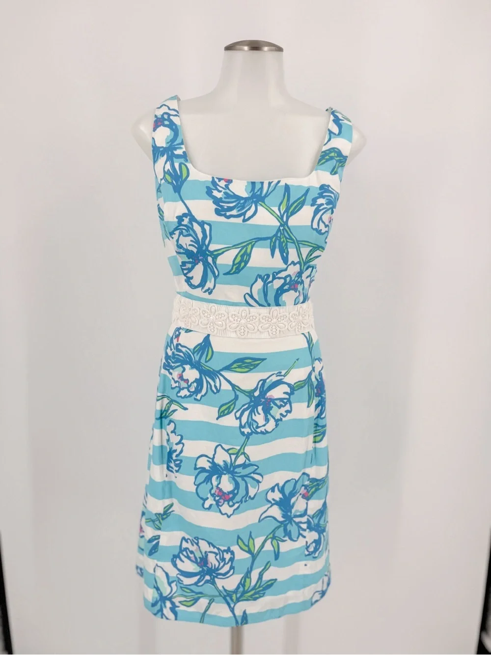 Lilly Pulitzer Blue & White Floral Striped Sleeveless Dress